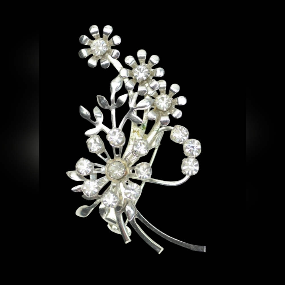 Vintage 60s Rhinestone Floral Flower Bouquet Brooch Pin